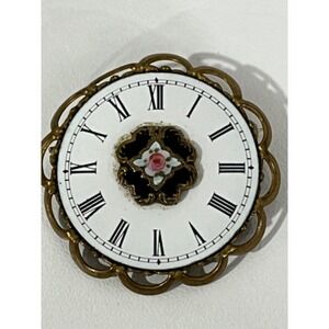 Vintage Clock Face Brooch Pin Roman Numerals Floral Center‎ Gold Tone